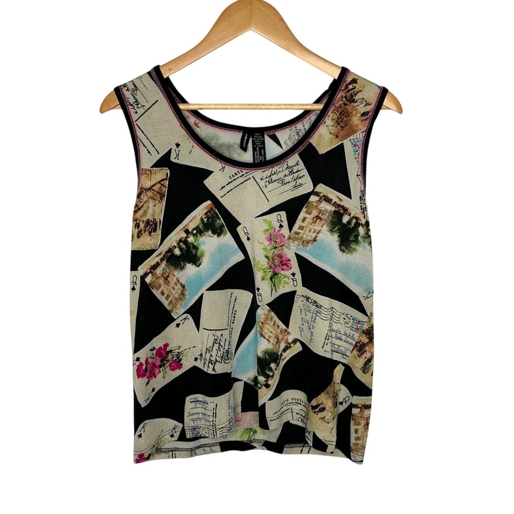 Vintage Silk Cotton Postcard Novelty Print Tank Top L 90s Art To Wear Bohemian